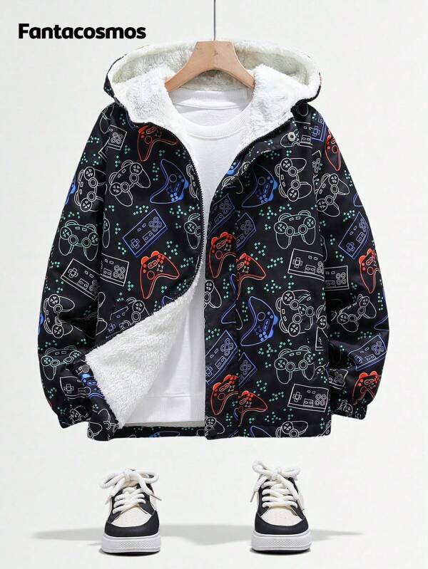 SHEIN Tween Boy Cartoon Geometric Pattern Hooded Casual Jacket, Suitable For Spring And Autumn Daily Wear, For Halloween Party