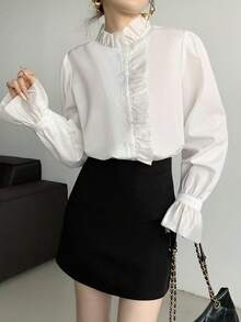 Celisse Women's Fashionable Elegant Lotus Leaf Trim Blouse Fall Cloth For Women - White - View 6