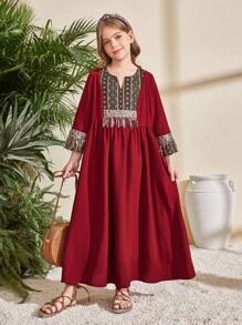 SHEIN Tween Girls' Loose Casual Sequins Tassel Print Colorblock Dress - Burgundy - View 7