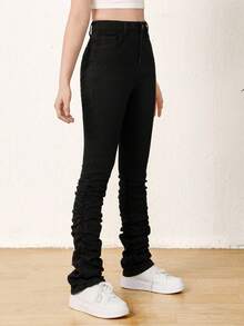 SHEIN Teen Girl Solid Stacked Jeans - Black - View 5