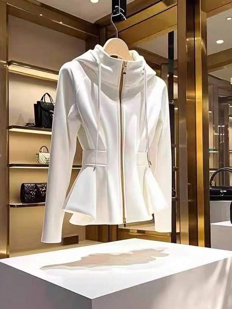 GlowEve Chaqueta elegante regular con capucha con cremallera y cintura ceñida para mujer