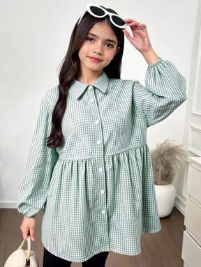 SHEIN ملابس علوية خفيفة مريحة للبنات المراهقات بياقة بولو وبنمط شبكي وأكمام فوانيس واسعة وجذابة