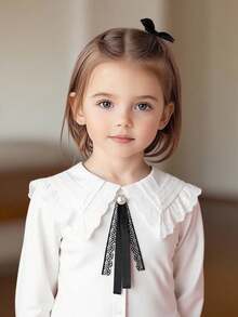 SHEIN Playful Pals Fashionable Collared Lace Trim Detachable Bowknot Ruffle Cuff Shirt, Versatile Back To School Blouse,Spring/Autumn Fall Winter - White - View 5