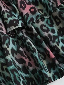 SHEIN Unity Women's Sexy Deep Shirred Ruffle Hem Halter Leopard Print Dress - Mint Green - View 4