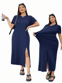 Solflare Plus Size Short Sleeve V-Neck Rift Dress, Navy Blue, For Vacation In Spring/Summer,Sun Dresses For Women - Navy Blue - View 3