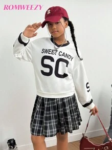 Girls'Long Sleeve English Print Sweatshirt+Black And White Plaid Skirt Set,Casual,School,Back-To-School,Autumn Fashionable Comfortable Outfit Set - White - View 2