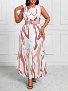 Fleurora 大码女式抽象印花两件套西装套装，优雅休闲通勤夏季套装 - 藕粉色 - 查看 3