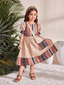 SHEIN 2pcs Young Girl Ditsy Floral Chiffon Shirt With Skirt Set And Crossbody Bag - Khaki - View 3