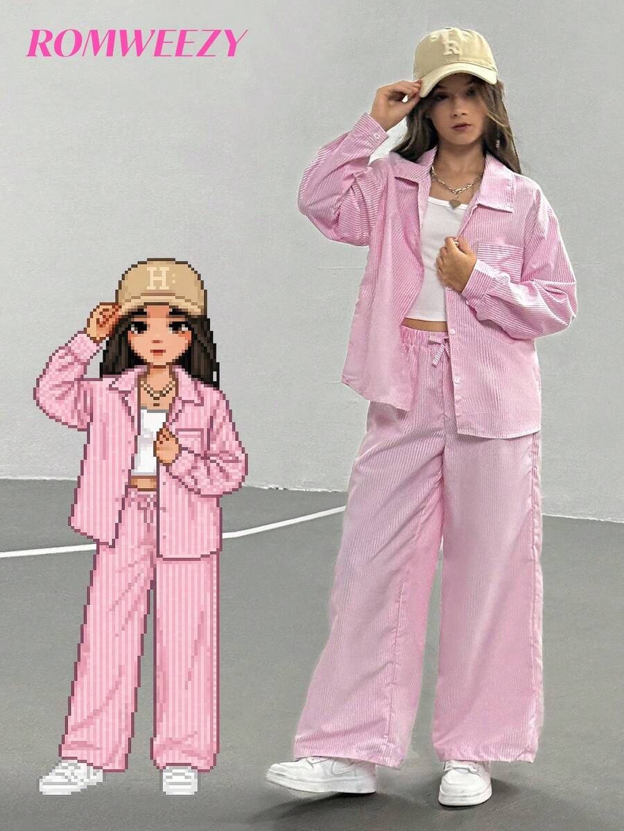 Tween 女童三件套，街头酷炫条纹长袖衬衫、裤子和吊带背心，非常适合春季和秋季