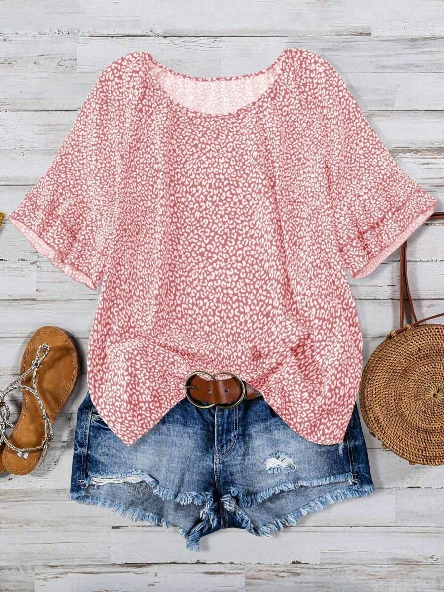SHEIN LUNE Áo sơ mi tay ngắn cổ tròn in hình cỡ lớn, mùa hè - Hồng - Xem 1