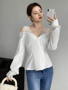 SHEIN LUNE Women's Solid Color Long Sleeve Lace Patchwork Blouse - White - View 3