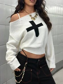 StreetHx Nuevo suéter urbano casual holgado con patrón de cruz y hombros oblicuos