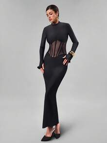 Avenya 女式腰部镂空半透视长袖连衣裙 - 黑色 - 查看 4