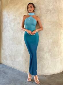 Aloruh Rochie elegantă sexy cu cataramă metalică, albastru degradat, cu decor, mulată, elastică, elegantă pentru întâlniri, rochie Ombre pentru toamnă/iarnă, petrecere, haine de femei de toamnă, ținute de club - alb - Vizualizare 6