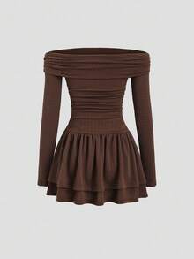 Sweetra 女式新款露肩长袖连衣裙，腰部有褶饰，下摆有层叠荷叶边，适合通勤、旅行和度假，春秋季