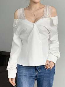 SHEIN LUNE Women's Solid Color Long Sleeve Lace Patchwork Blouse - White - View 5
