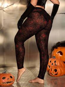 SHEIN EZwear Quần legging lưới lưới nhện đen cỡ lớn, ôm vừa vặn thời trang - màu đen - Xem 3
