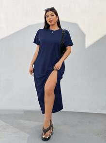 Solflare Plus Size Short Sleeve V-Neck Rift Dress, Navy Blue, For Vacation In Spring/Summer,Sun Dresses For Women - Navy Blue - View 6