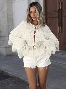 INAWLY 女士秋季撞色蕾丝荷叶边下摆优雅衬衫，长袖女士衬衫 - 杏色 - 查看 3