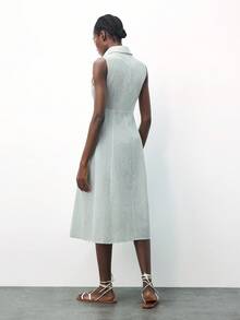 Maija 女式竖条纹花卉镂空设计无袖连衣裙，都市简约百搭通勤商务休闲连衣裙，适合派对、度假、郊游、优雅婚礼宾客礼服 - 綠色 - 查看 4