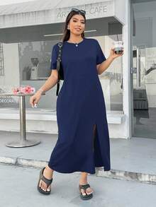 Solflare Plus Size Short Sleeve V-Neck Rift Dress, Navy Blue, For Vacation In Spring/Summer,Sun Dresses For Women - Navy Blue - View 4