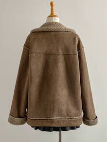 Elamini Brown Suedette Faux Fluffy Collar Zip-Up Pockets Dropped Shoulder Long Sleeve Loose Coat, Fashionable Street Style Vintage Elegant High-End Minimalist Design For Casual, Outing, Date, Autumn/Winter