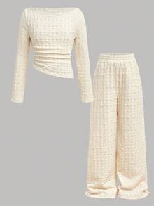 SHEIN Tween Girls Solid Apricot Beige Retro Collegiate Casual Textrue Knitted Off Shoulder Top Long Sleeve Top And Wide Leg Pants 2pcs Set, Casual Daily Wear, For Autumn Winter Knit  Casual Set