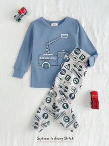 Cozy Pixies 2 pezzi Set pigiama neonato, maglietta a girocollo in maglia morbida con stampa di auto cartoni animati e pantaloni lunghi a vita elastica, vestibilità aderente