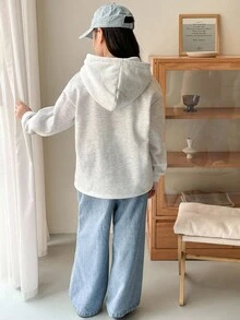 2pcs/Set Genkimix Kids Teenager Girls Letter Print Fleece Hoodie And Loose Fit Denim Pants,Winter,Casual,School,Back-To-School,Green And White Striped - Multicolor - View 2
