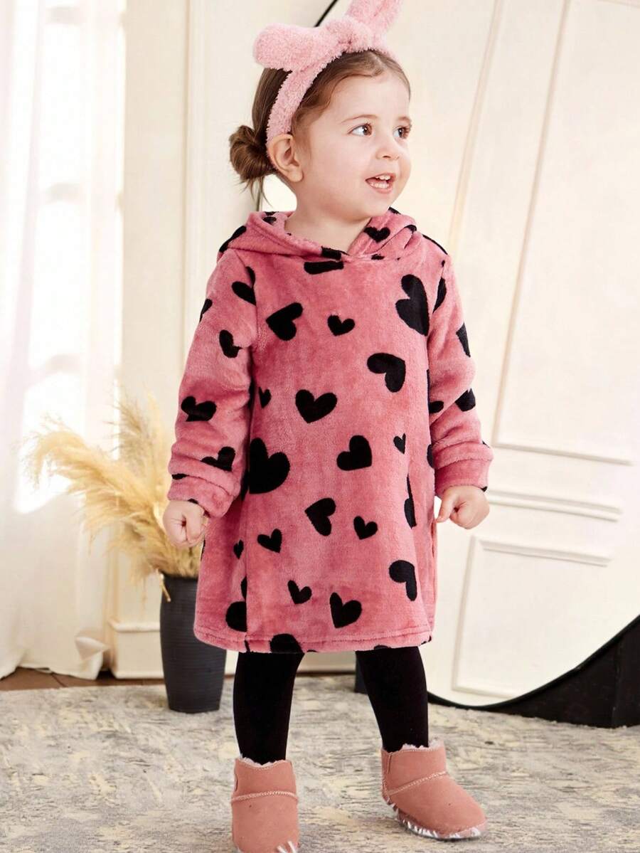SHEIN Leap Crew 女嬰愛心圖案連帽法蘭絨洋裝