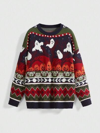 Fair Isle Patterned Pullover Sweater, Multi-Color, Suitable For Autumn/Winter And Halloween