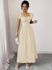 Elenzga 新款女式方领双层荷叶边袖前蝴蝶结后系带设计时尚年轻休闲腰部收紧修身优雅淑女连衣裙 - 杏色 - 查看 5