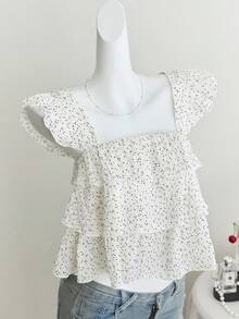 Elamini Women's Blouse With Crinkle Plaid Pattern, Black Polka Dots, Loose Fit Frill Sleeve Design