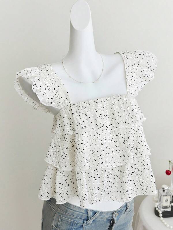 Elamini Blusa de mujer con patrón de cuadros arrugados, lunares negros, diseño suelto de mangas con volantes