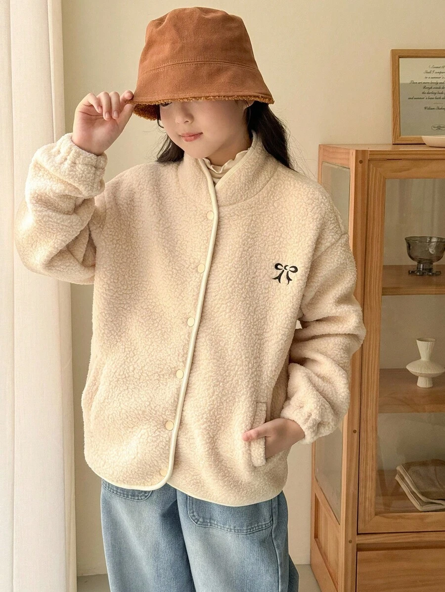 Genkimix Kids Áo khoác Genkimix Tween Girl cổ đứng thêu nơ đen màu be, áo khoác thường, áo khoác mùa đông, thích hợp cho đi chơi, đi học và mặc thường ngày - Màu be - Xem 1