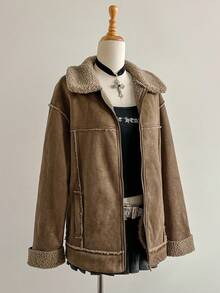 Elamini Brown Suedette Faux Fluffy Collar Zip-Up Pockets Dropped Shoulder Long Sleeve Loose Coat, Fashionable Street Style Vintage Elegant High-End Minimalist Design For Casual, Outing, Date, Autumn/Winter