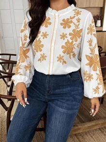 Weeklong Plus Size Casual & Work Floral Print Shirt Fall Cloth For Women - White - View 5