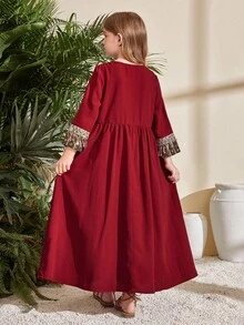 SHEIN Tween Girls' Loose Casual Sequins Tassel Print Colorblock Dress - Burgundy - View 9