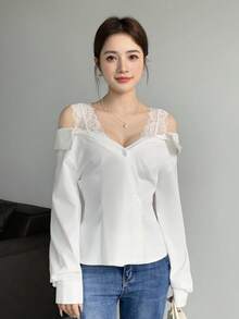 SHEIN LUNE Women's Solid Color Long Sleeve Lace Patchwork Blouse - White - View 6