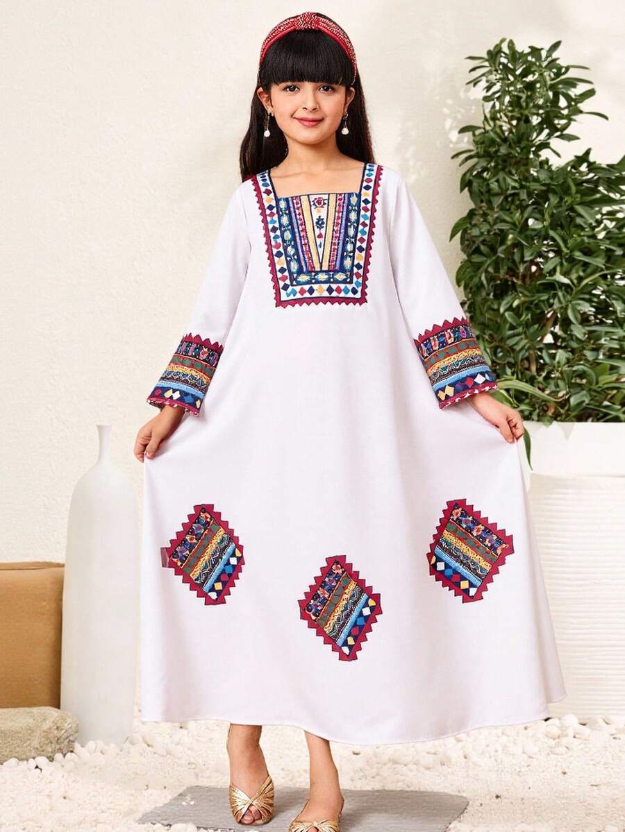 SHEIN 青少年女孩宽松休闲简约方领度假连衣裙