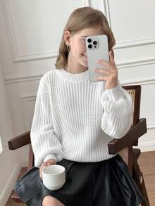 SHEIN 青少年女孩休闲纯白色圆领长袖针织毛衣，秋冬款，时尚保暖 - 白色 - 查看 12