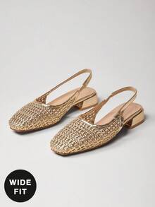 SHUZIA Ladies Wide-Fit Comfy Crochet Slingback Pumps For Christmas - Gold - View 8