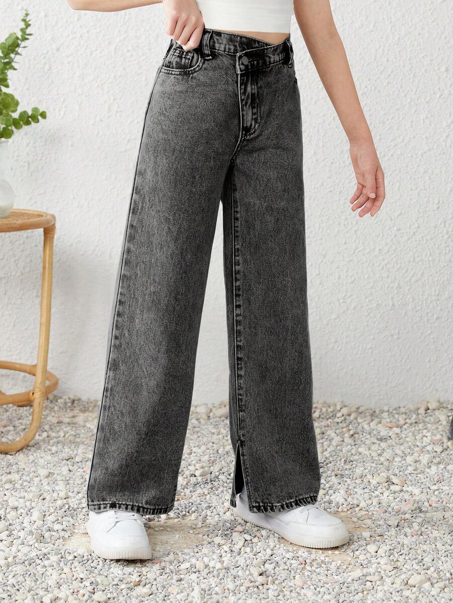 SHEIN Tween Girls Y2K 春夏波西米亚风石洗休闲开叉下摆不对称腰部宽松阔腿牛仔裤，女童夏装套装 - 黑色 - 查看 1