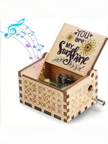 1pc Wooden Music Box, Modern Floral & Slogan Graphic Eight Tone Box For Home Best Gifts - Brown - View 6