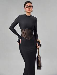 Avenya 女式腰部镂空半透视长袖连衣裙 - 黑色 - 查看 3