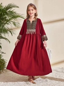 SHEIN Tween Girls' Loose Casual Sequins Tassel Print Colorblock Dress - Burgundy - View 6