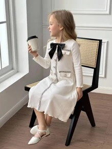 SHEIN Serisse Kids 年轻女孩优雅丝带拼布撞色蝴蝶结装饰长袖中长连衣裙，适合返校和活动 - 白色 - 查看 10