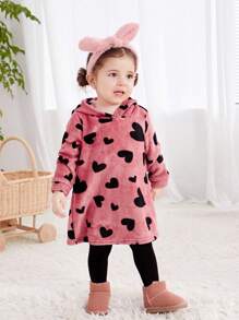 SHEIN Leap Crew 女嬰愛心圖案連帽法蘭絨洋裝