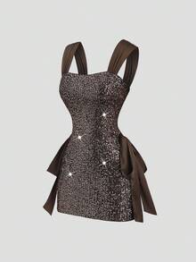 Sweetra Đầm ôm sát vai trễ vai đính đá lấp lánh mới dành cho nữ, thắt eo bằng vải sa tanh, thích hợp cho tiệc tùng, Halloween, mùa xuân/thu - Cà phê nâu - Xem 1