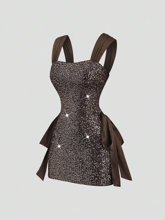 Sweetra Women's New Sequin, Rhinestone Embellished Off Shoulder Bodycon Mini Dress, Satin Tie Waist, Suitable For Party, Halloween, Spring/Autumn